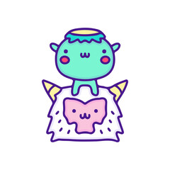 Cute kappa and yeti illustration, with soft pop style and old style 90s cartoon drawings. Artwork for sticker, patchworks; for kids clothes.