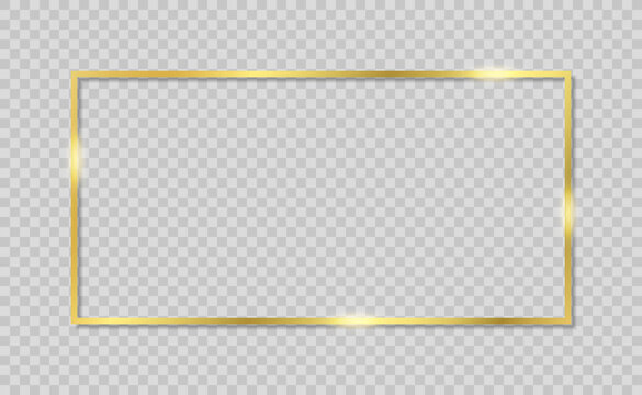gold rectangle frame with shiny light isolated on transparent backgroud , 2:1  scale ratio border for card, invitation, template, vector illustration