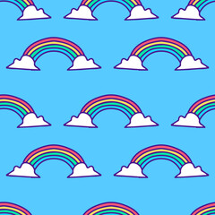 Cute rainbow and clouds doodle illustration, with modern pop style and old style 90s cartoon drawings. Artwork for background seamless pattern.