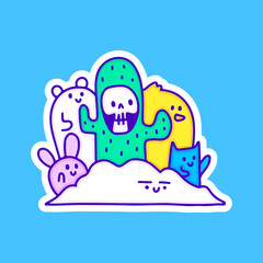 Cactus skull with cute animals illustration for t-shirt, sticker, or apparel merchandise. With modern pop and retro style.