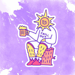 Sun character chill out with glass of beer, illustration for t-shirt, sticker, or apparel merchandise. With modern pop and retro style.