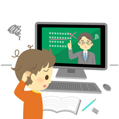 イラスト素材:パソコンでオンライン授業を受けても分からない表情の小学生（男の子）（透過背景）