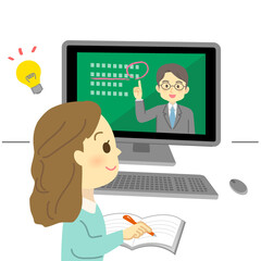 イラスト素材:パソコン画面を見てオンライン授業を先生から受ける笑顔の若い女性（透過背景）

