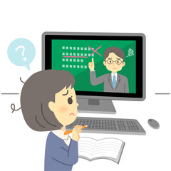 イラスト素材:パソコン画面を見てオンライン授業を受けるが不安な表情の若い女性（学生）（透過背景）
