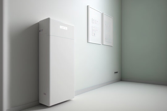 A household integrated battery energy storage system in mockup form. placed on a spotless wall are several contemporary white batteries. Generative AI