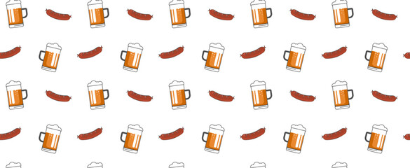 Seamless pattern with beer and sausage. glass of beer with sausage. Beer vector icon. Bar, pub symbol, logo illustration. Different style icons