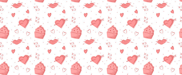 pattern with hearts. Valentine's day symbols, heart, lips, pink cupcake. happy valentines day with pink hearts for cards, websites, greetings, posters	