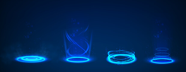 set of circle portal teleports with neon light glowing in the dark.