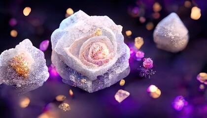 Valentines roses background. Made of icy snow and purple crystals. Wallpaper love and romance. Generative ai. 