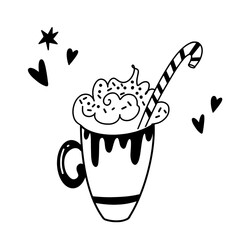 Cup of hot cocoa with marshmallows and candy cane in doodle style. Vector hand-drawn line illustration.
