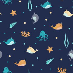 marine seamless pattern with cute cartoon narwhal, sea shell and star fish