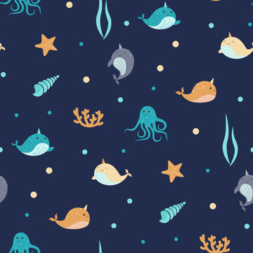 marine seamless pattern with cute cartoon narwhal, sea shell and star fish