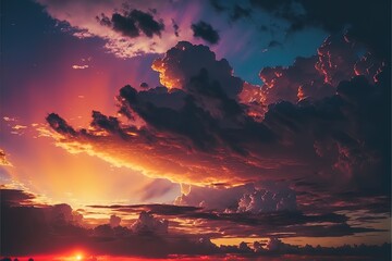 Fototapeta na wymiar Majestic sunset or sunrise landscape Amazing light of nature cloudscape sky and Clouds moving away rolling colorful dark sunset clouds Footage timelapse.Nature environment background. Generative AI