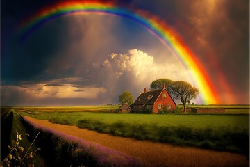 Rainbow over countryside stock photo. Generative AI