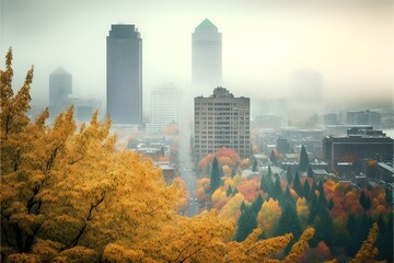 Portland Downtown misty rolling fog and autumn foliage in high resolution panorama stock photoPortland - Oregon, Oregon - US State, Cityscape, Hill, Autumn. Generative AI