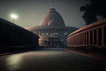 India's capital city of New Delhi was captured on camera on June 22nd, 2017. A broad shot of the Indian Parliament was taken. Generative AI