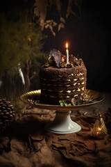 Birthday cake, Schwarzwald cake. Greeting card. Isolated on the dark background. Chocolate powder bursting. Generative ai. 