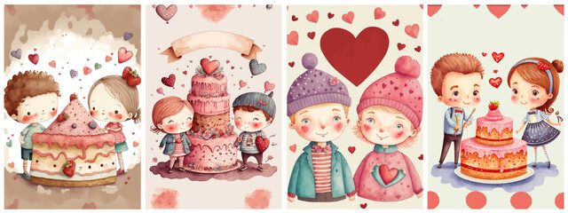 Valentine'S Day. Lovely girl and boy taking a Photo cake and pattern with heart for greeting card, poster or background in watercolor sytle. Vector illustration