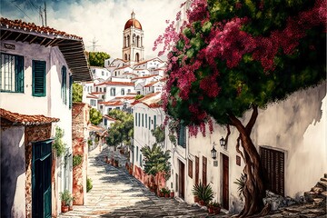 The old town of Chora in island Skiathos, Greece. Generative AI - obrazy, fototapety, plakaty