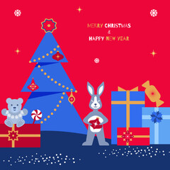 Vector illustration of Merry Christmas and Happy New Year greeting card. Flat, geometric design with Christmas tree, toys, gifts, rabbit. Template for congratulations and invitations, banner, poster..