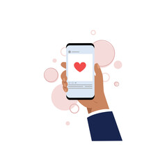 Hand holding smartphone with Likes and hearts, Social media and marketing concept.