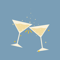 Two sparkling glasses of champagne or wine. Cheers icon. Cocktail party.