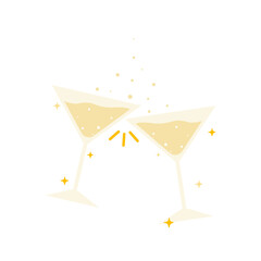Two sparkling glasses of champagne or wine. Cheers icon. Cocktail party.