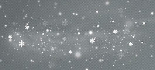 Realistic falling snow.Christmas background.Isolated on transparent background.