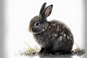 Fototapeta premium A gray, fluffy bunny scans the sign. On a white backdrop, alone. Spring rabbit. Generative AI