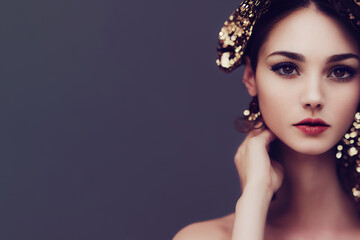 Fashion portrait of a confident female model with gold jewelry. Empty space for text.