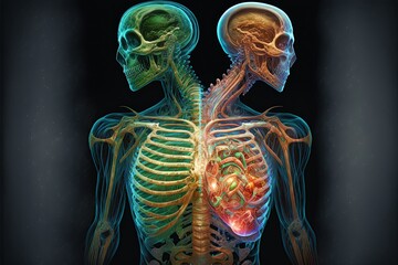 A science-fiction representation of an alien Anatomy with two heads with a gleaming organ inside its chest, a futuristic and psychedelic x-ray of interplanetary body structure.