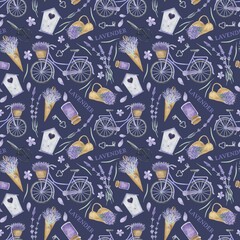 Naklejka premium French Provence watercolor seamless pattern. France village holiday wrapping paper. Vintage bicycle an lavender background.