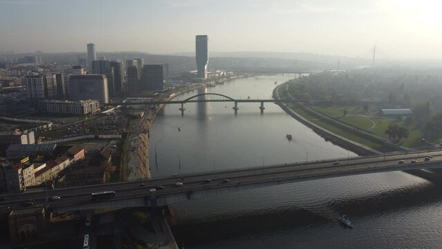 Aerial view of the new district of Belgrade - Belgrade on the water. View of the Sava river and the green bridge.