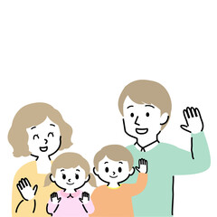 イラスト素材：こちらに手を振る男女の子供を育てる幸せな若い夫婦 　4人家族（手描き風シンプル）（透過背景）
