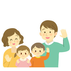 イラスト素材：男女の子供を育てる手を振る若い夫婦　4人家族（透過背景）
