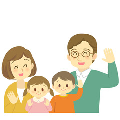 イラスト素材：男女の子供を育てる手を振る若い夫婦（メガネのパパ）　4人家族
（透過背景）