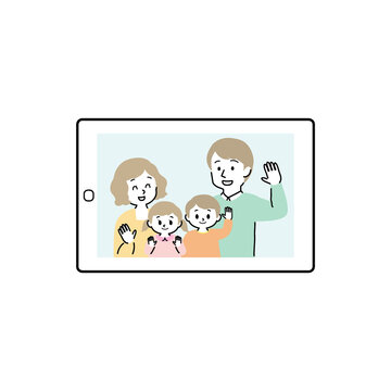 イラスト素材:タブレットのビデオ通話利用してオンライン帰省をする様子（手を振る若夫婦家族/主線あり）（透過背景）
