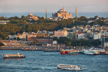 Fototapeta premium Sofia mosque and bosporus strait. Istanbul skyline. Turkey