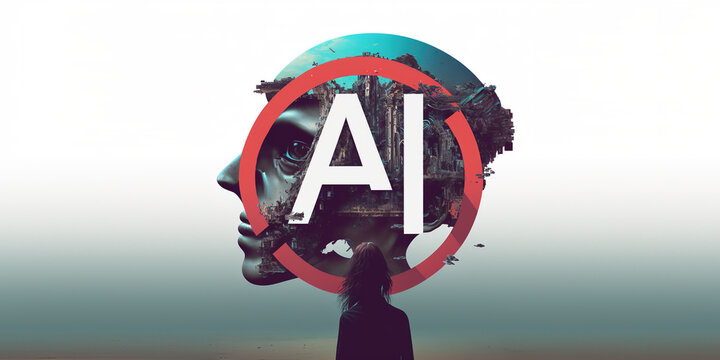 Woman looking at ai generated art with AI logo concept, ai generated illustration