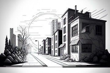 Urban landscape drawing in form. Illustration in line drawing. Generative AI