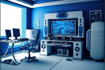 Gaming room. Futuristic. Blue and white colors. Fantasy scene. Generative ai. 