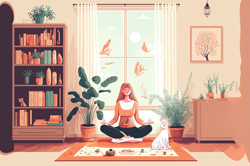 Fototapeta premium Young lady performing meditation and yoga exercises . Female figure in a domestic setting. Generative AI