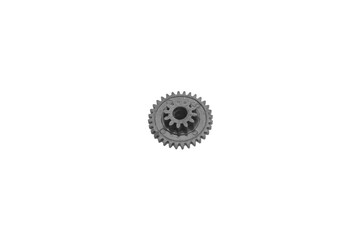 Small black plastic gear wheel isolated on white background.