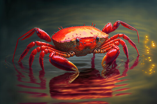 An image of a red crab in the water is vertical. Generative AI