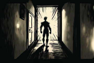 Illustration of a guy holding a flashlight at the end of a corridor. Generative AI