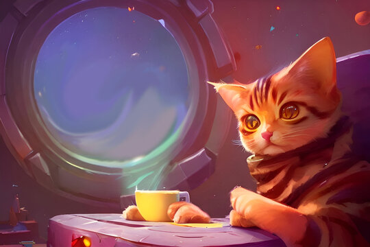 gatto con sciarpa beve caffè affacciato da oblò di una navicella nello spazio, generative ai