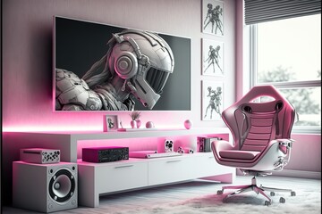 Girls gaming room. Computer monitors. Futuristic. Soft rose and silver colors. Fantasy scene. Generative ai. 
