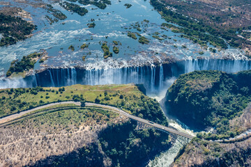 Aerial shot of the Victoria Falls on the Zimbawe Zambia Border.