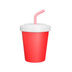 Soda in a paper cup 3d icon. lid and straw. Isolated object on transparent background