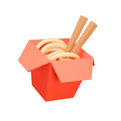 Wok noodles 3d icon. Noodles in a box with chopsticks. Asian food. Isolated object on transparent background